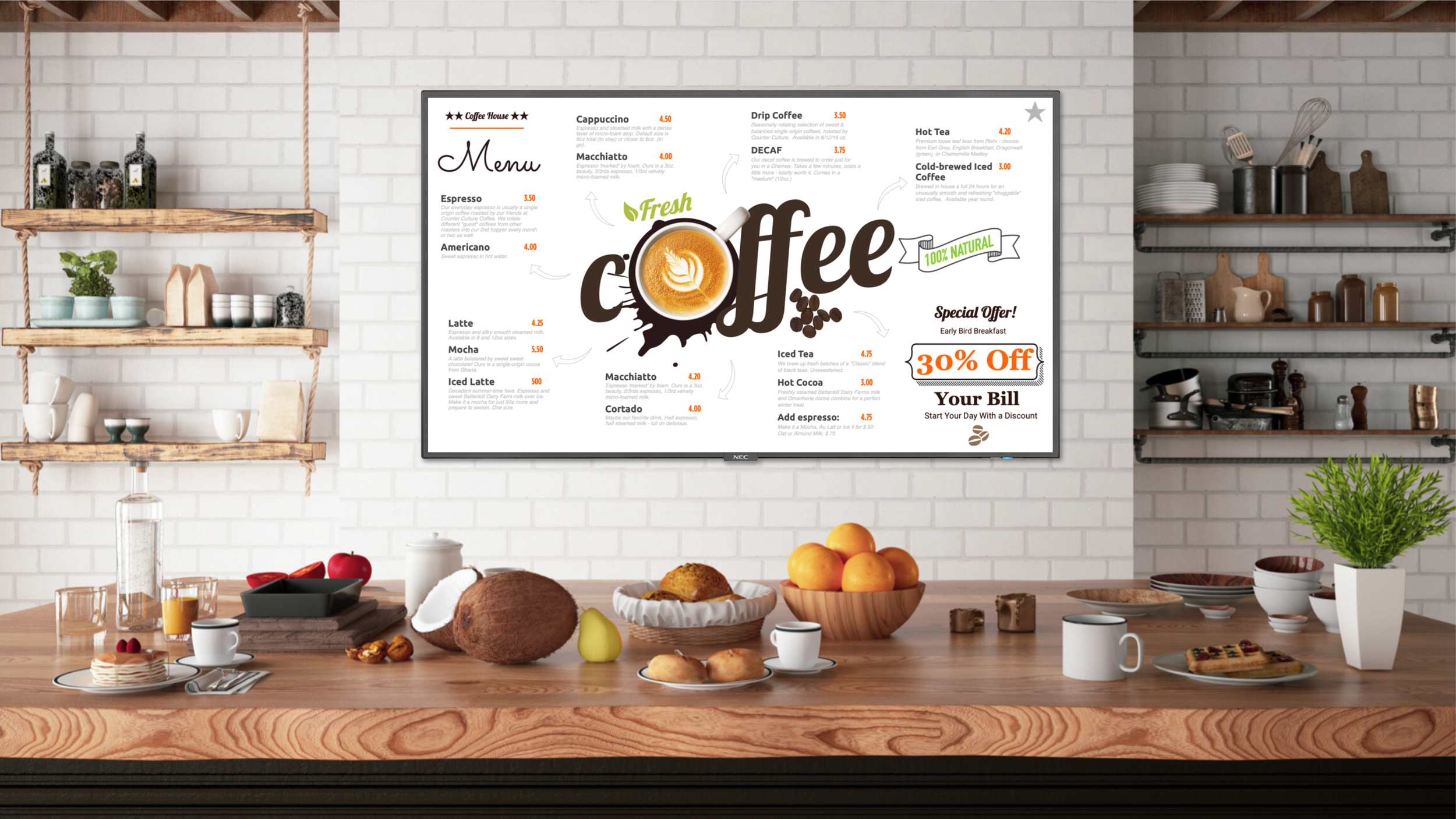 digital menu board for a coffee shop example