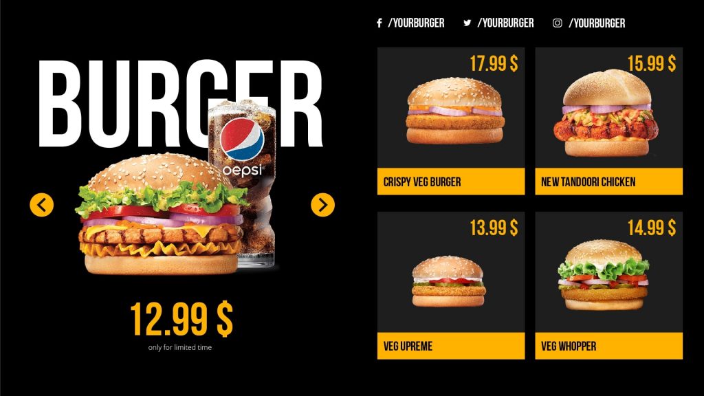 Digital menu board for restaurant showing burger's pricing